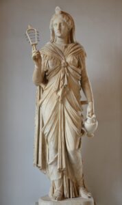 Isis is crowned here with the traditional Greek Palmette version of the Blue Lotus, but other statues from the time directly present a Blue Lotus flower on her forehead.
